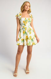 SOGNA COL Chiffon Lemon Print Dress With Shirred Waist Detail SDR1839A